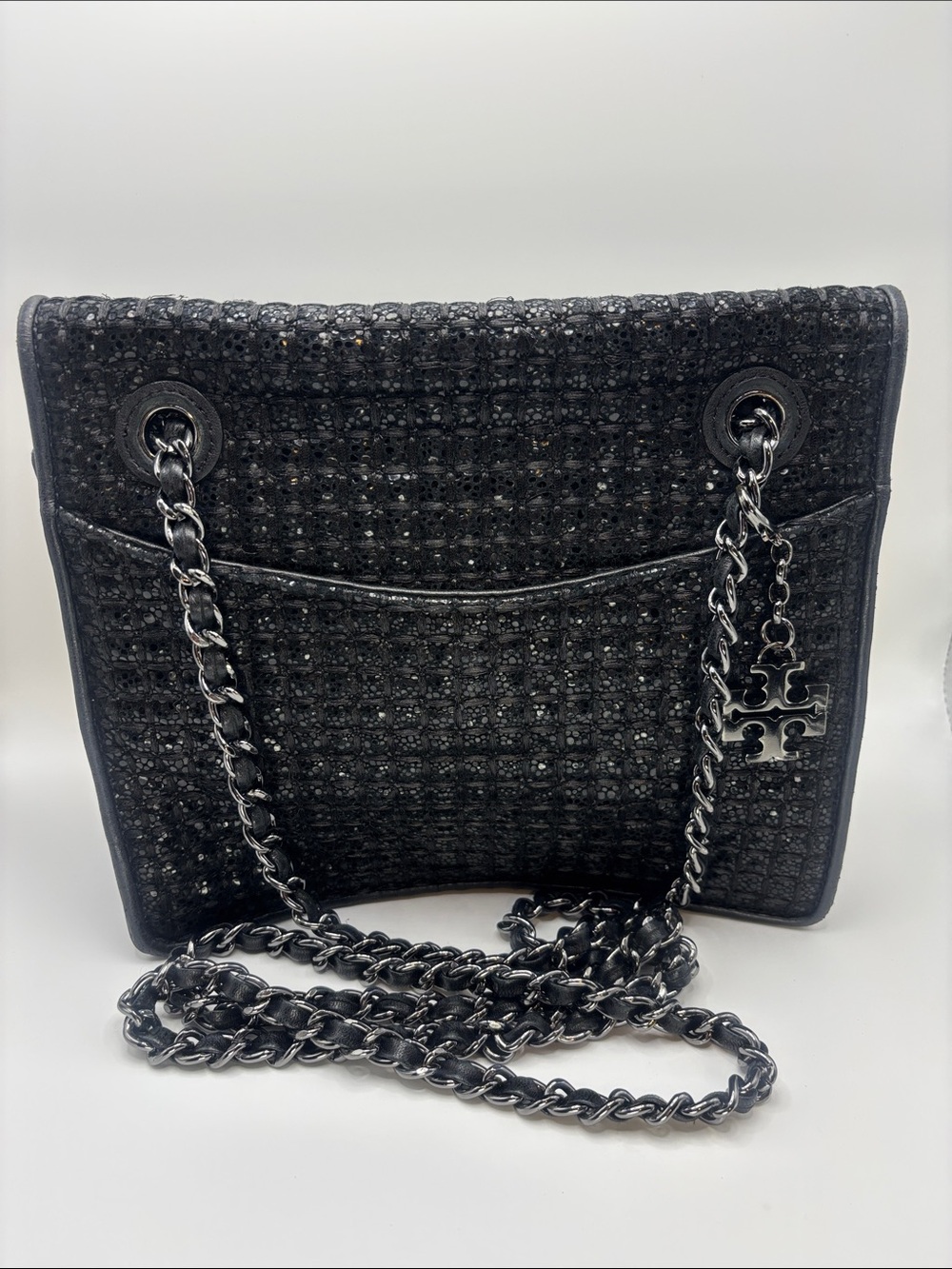 Tory Burch Black Tweed Chain Shoulder Bag with Logo Charm